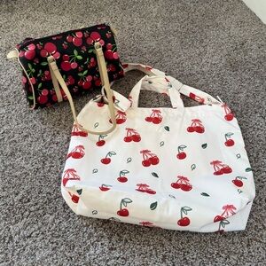 Cherry Print Canvas Tote Bag in White and Red and Black Cherry Bag 🍒